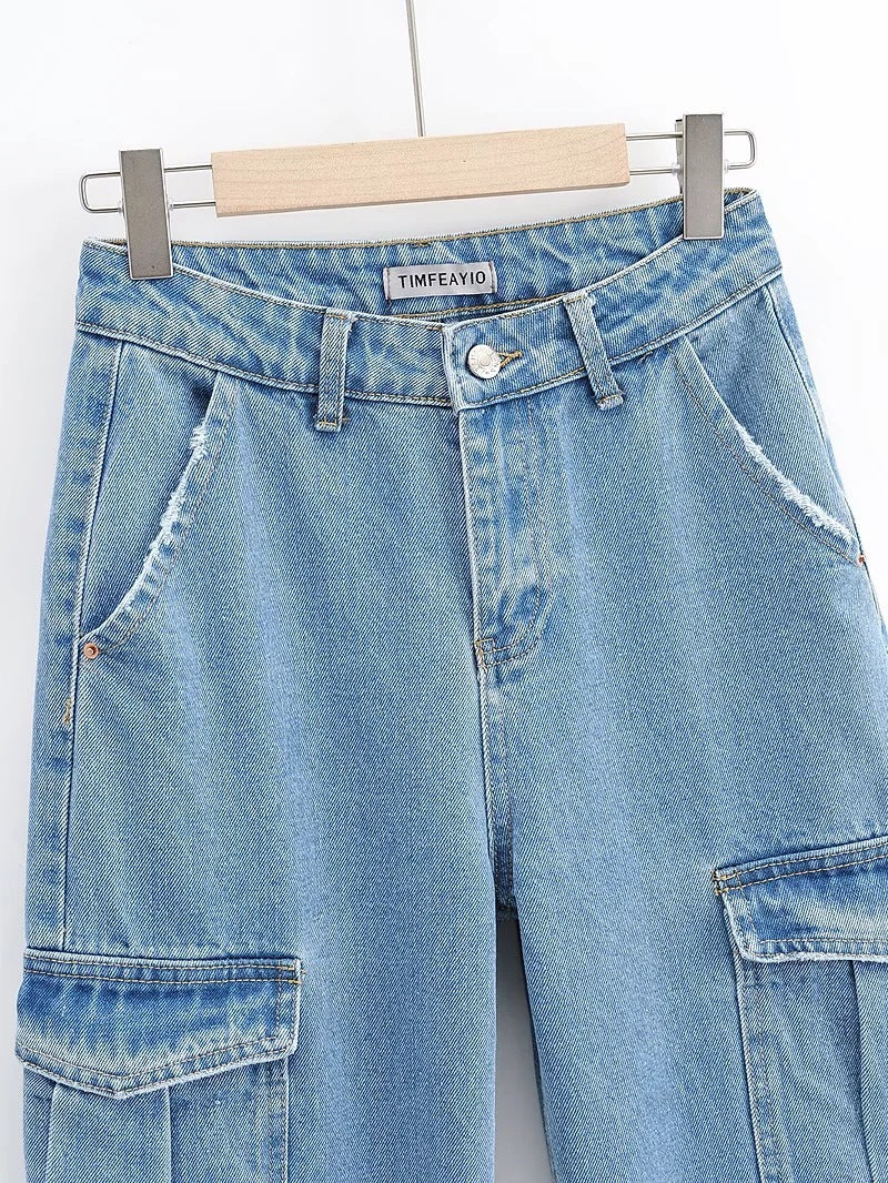 Washed Blue Pocket Decorated High Waist Wide-leg Jeans Women Casual Jeans